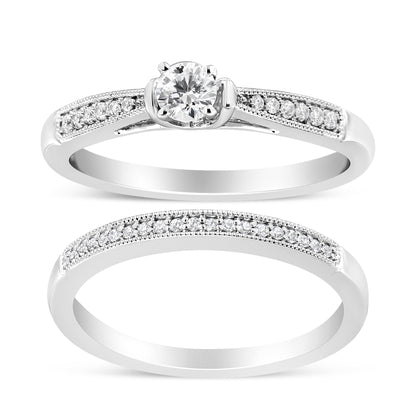 .925 Sterling Silver 1/3 Cttw Diamond Classic Engagement Ring Bridal Set with Milgrain (I-J Color, I3 Clarity) - Ring Size 7 by Bids.com