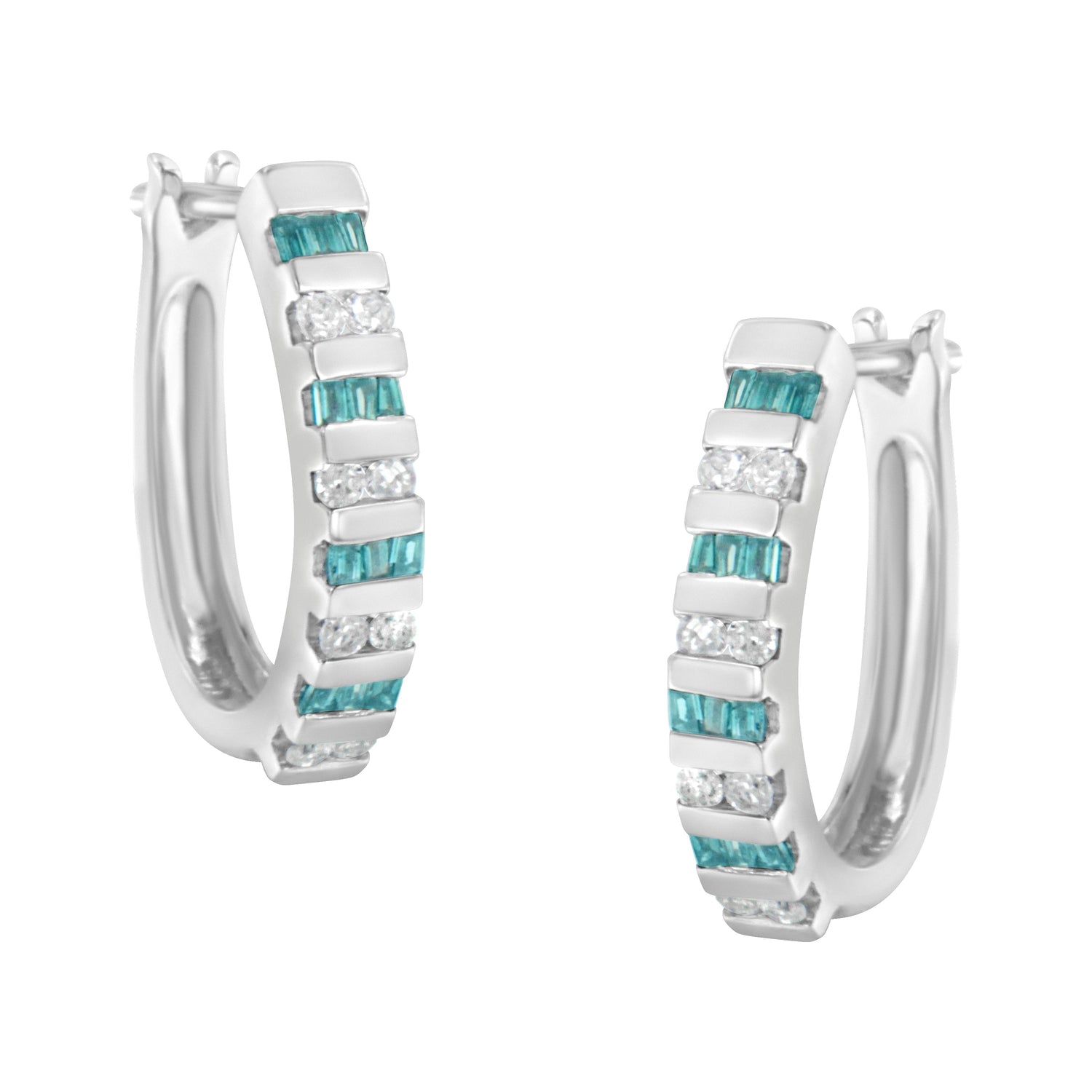 10k White Gold Round and Blue Baguette 1/2 cttw Diamond Hoop Earrings (I-J Color, I2-I3 Clarity) by Bids.com
