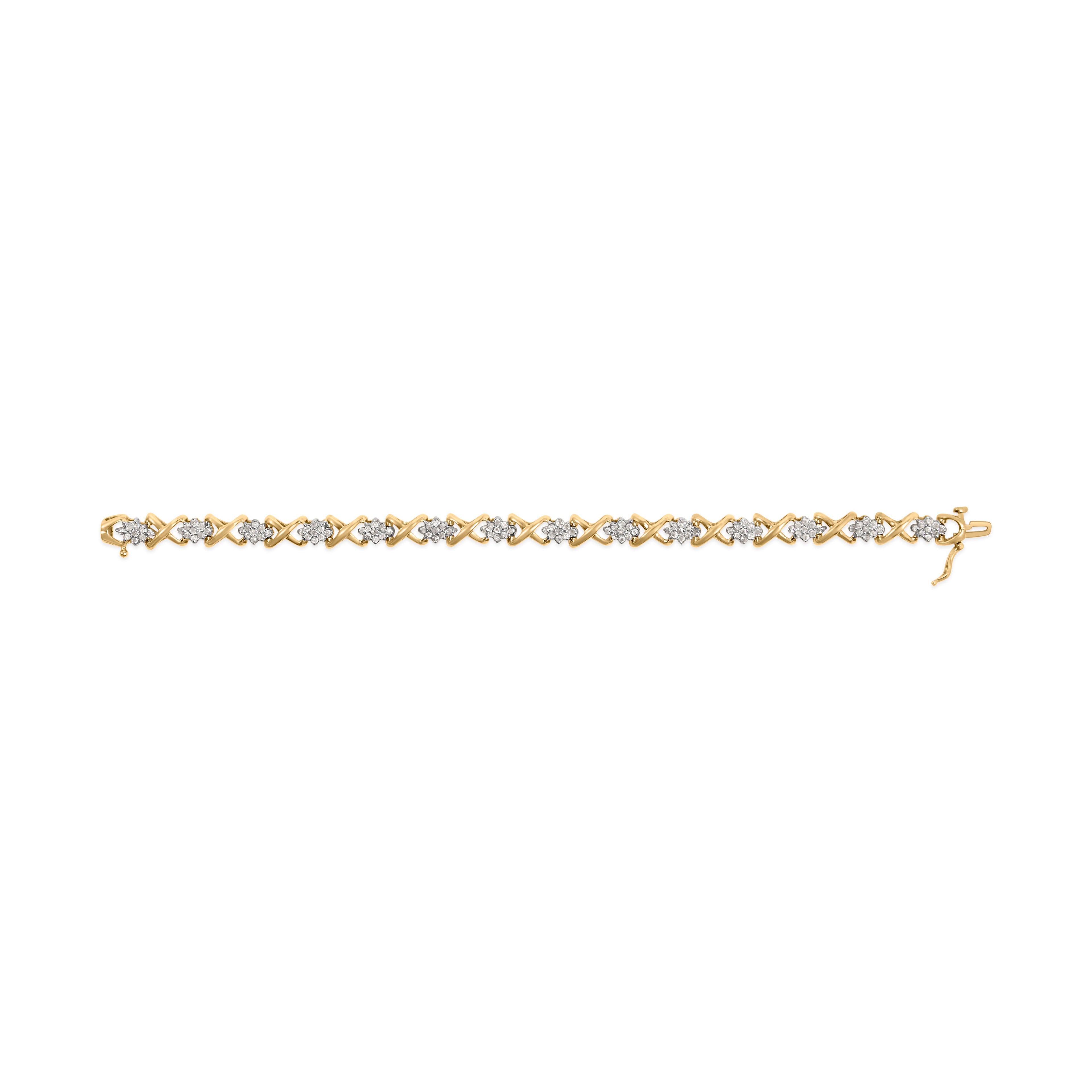 10k Yellow Gold 2.00 Cttw Diamond Cluster and Alternating "X" Link Bracelet (I-J Color, I3 Clarity) - 7" by Bids.com