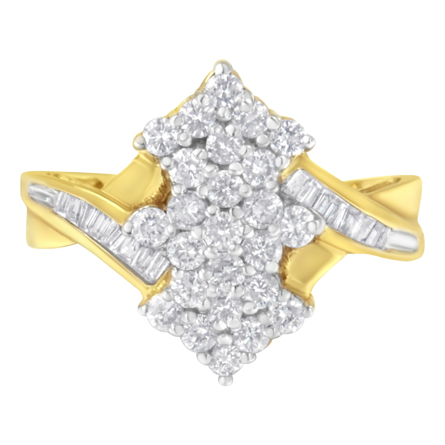 10K Yellow Gold Round And Baguette Cut Diamond Cluster Ring (1 1/10 Cttw, H-I Color, SI2-I1 Clarity) - Size 7 by Bids.com