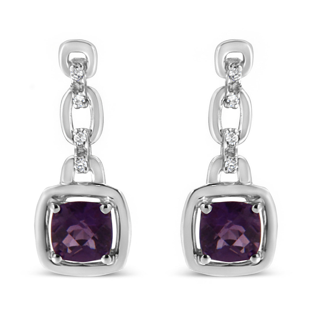 .925 Sterling Silver 6x6MM Cushion Shaped Natural Purple Amethyst and Diamond Accent Drop and Dangle Earrings (I-J Color, I1-I2 Clarity) by Bids.com