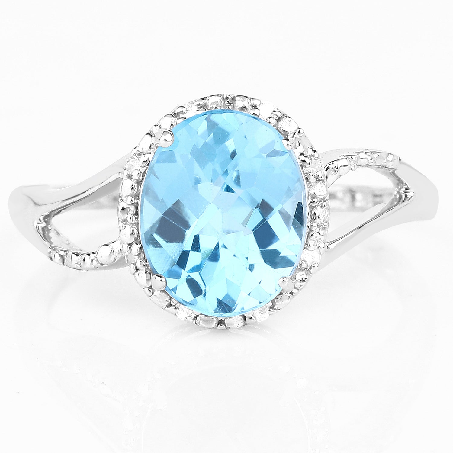3.29 Carat Genuine Swiss Blue Topaz and White Diamond 10K White Gold Ring  DestGlow