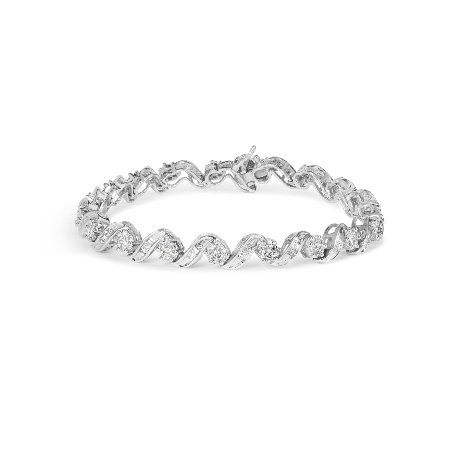 14K White Gold 2.00 Cttw Diamond Cluster and Spiral Link Bracelet (I-J Color, I1-I2 Clarity) - 7" by Bids.com