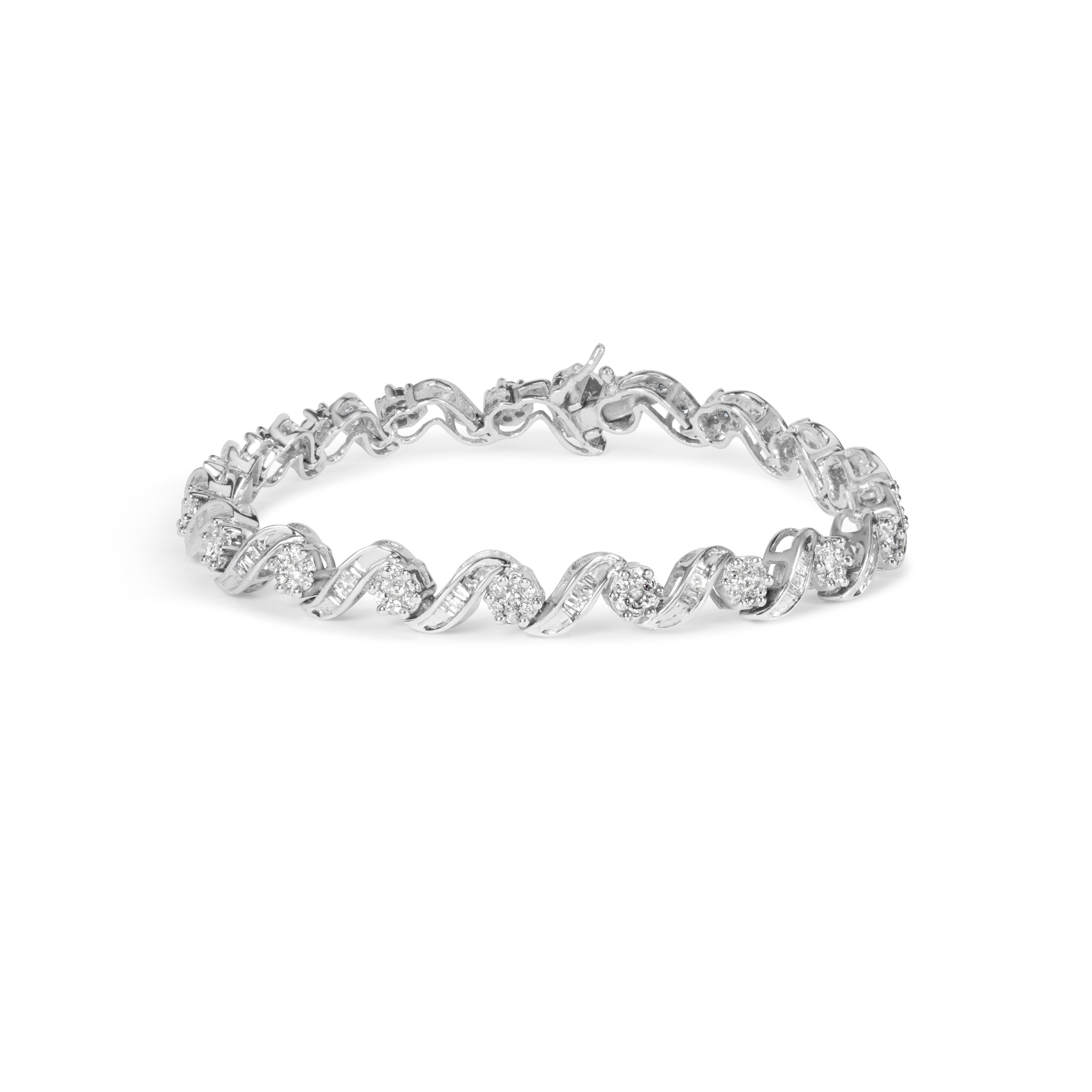 14K White Gold 2.00 Cttw Diamond Cluster and Spiral Link Bracelet (I-J Color, I1-I2 Clarity) - 7" by Bids.com