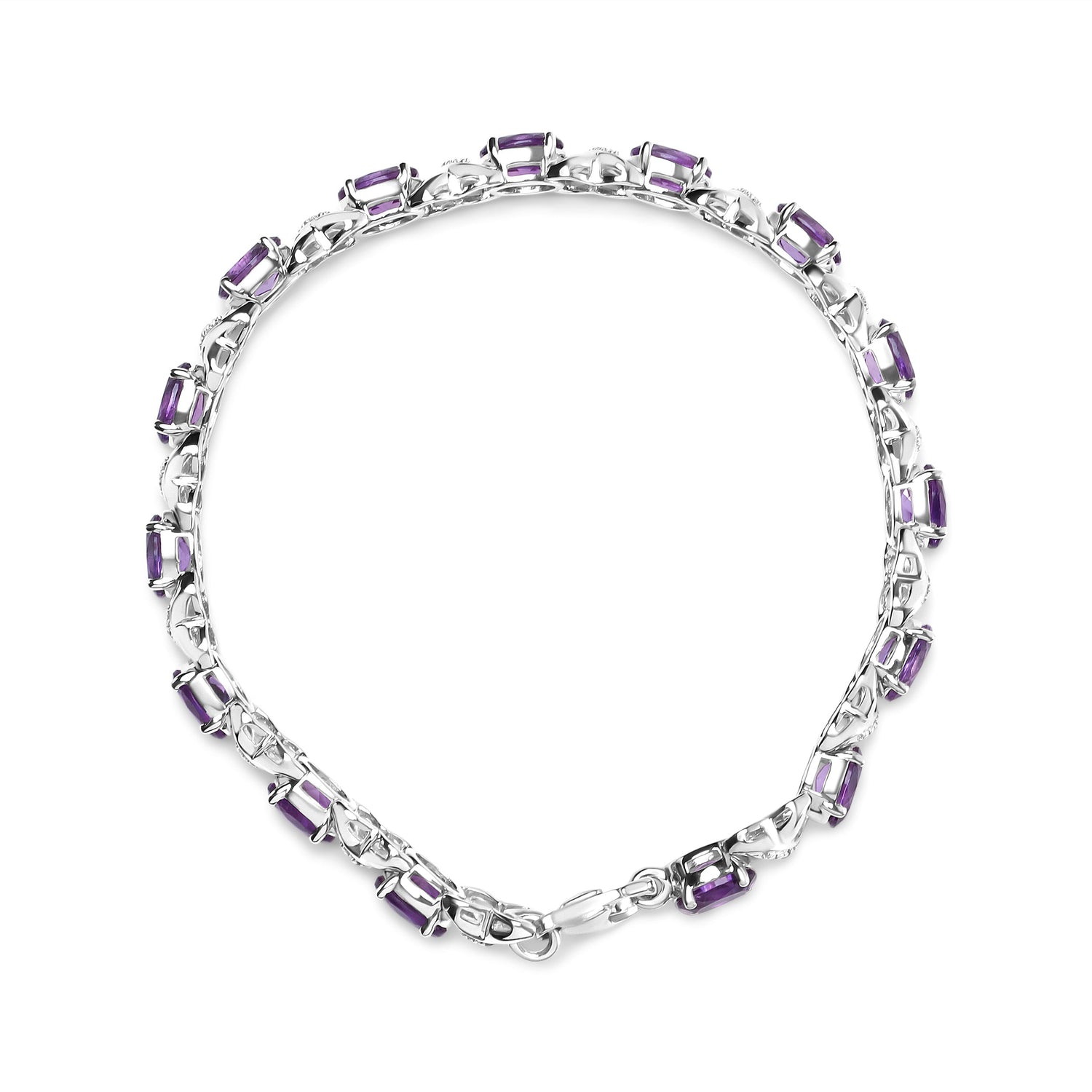 .925 Sterling Silver 7x5mm Oval Amethyst and Diamond Accent X-Link Bracelet (H-I Color, SI1-SI2 Clarity)  - Size 7"  DestGlow
