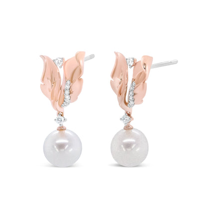 14K Rose Gold 1/6 Cttw Round Diamond and 8mm Round Pearl Floral Drop Stud Earrings (H-I Color, I1-I2 Clarity) by Bids.com