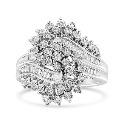 10K White Gold 1/2 Cttw Round and Baguette-Cut "S" Shaped Bypass Cocktail Ring (I-J Color, I1-I2 Clarity) - Size 7 by Bids.com