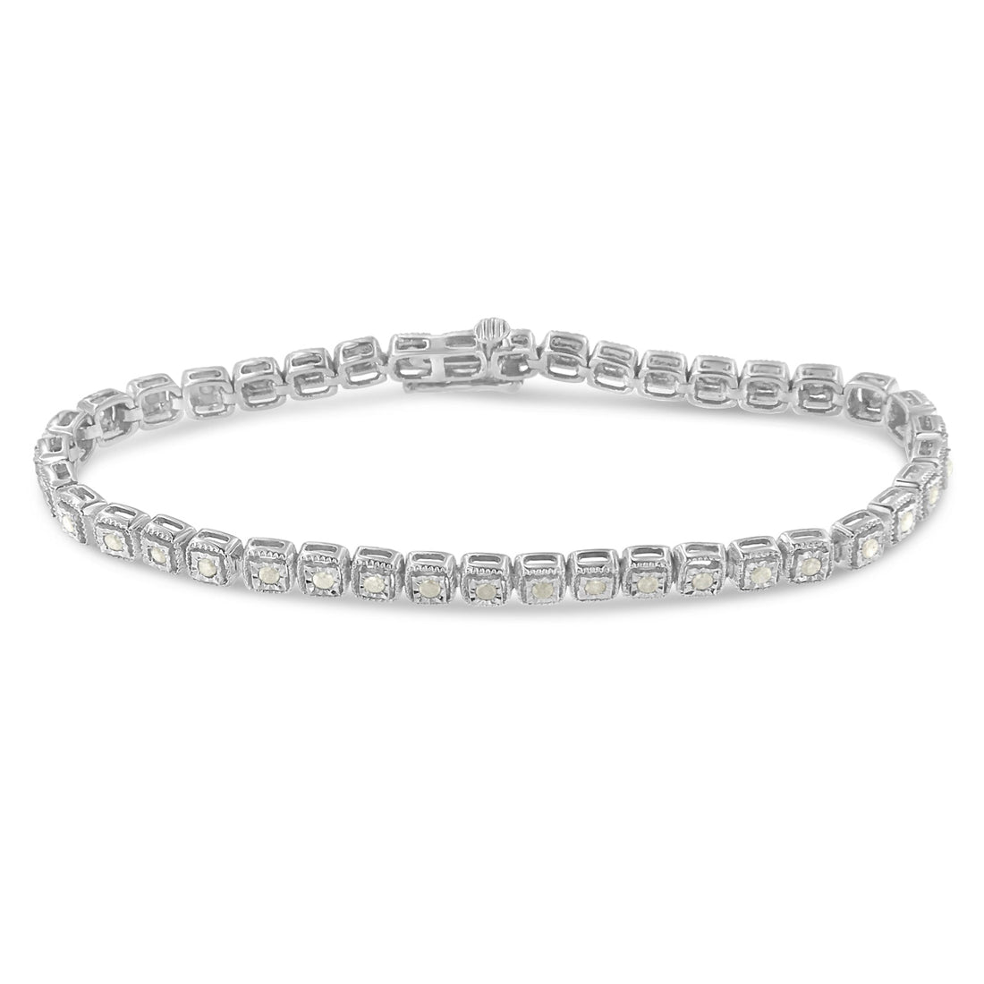 .925 Sterling Silver 1.0 Cttw Diamond Miracle-Set Square Milgrain 7" Link Tennis Bracelet (I-J Color, I3 Clarity) by Bids.com