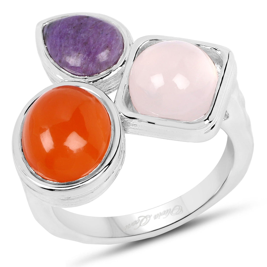 5.21 Carat Genuine Rose Quartz, Carnelian And Charolite .925 Sterling Silver Ring by Bids.com