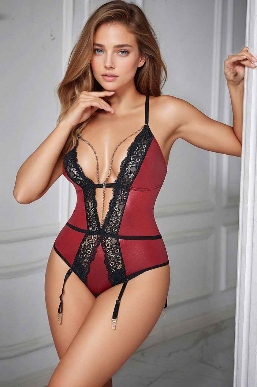 Burgundy Faux Leather Teddy Lingerie