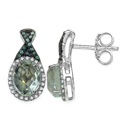 2.55 Carat Genuine Green Amethyst, Green Diamond &amp; White Diamond .925 Sterling Silver Earrings by Bids.com