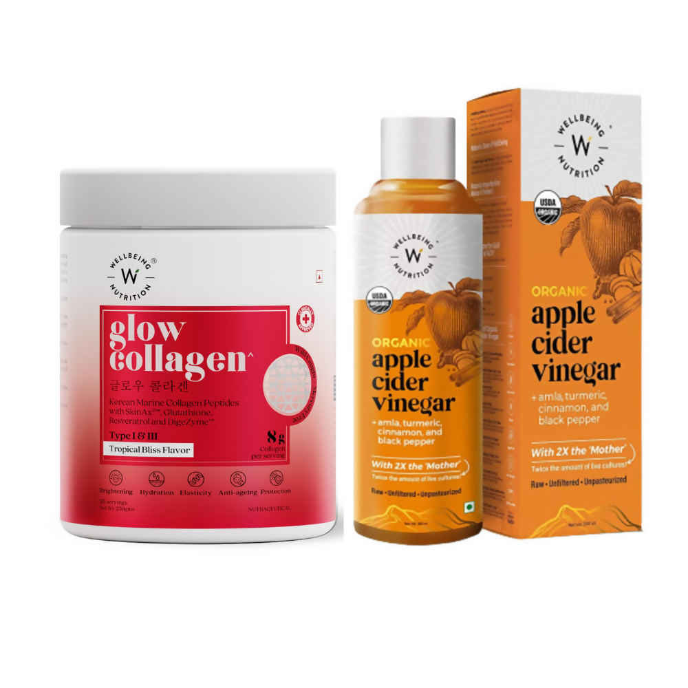 Wellbeing Nutrition Glow Korean Marine Collagen Peptides &amp; Organic Apple Cider Vinegar with 2X Mother Combo
