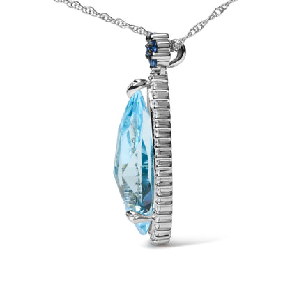 18K White Gold 3/8 Cttw Pave Set Diamond and Sky Blue Topaz and Blue Sapphire Gemstone Floral Teardrop Halo 18" Pendant Necklace (G-H Color, SI2-I1 Clarity) by Bids.com