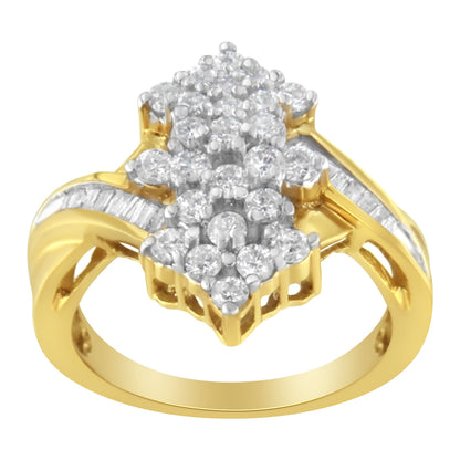 10K Yellow Gold Round And Baguette Cut Diamond Cluster Ring (1 1/10 Cttw, H-I Color, SI2-I1 Clarity) - Size 7 by Bids.com