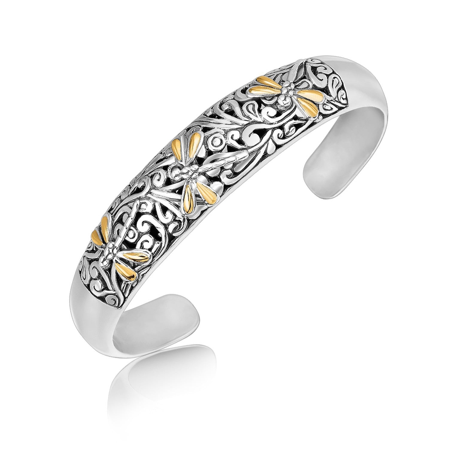 18k Yellow Gold and Sterling Silver Cuff with Dragonfly and Flourishes by Bids.com