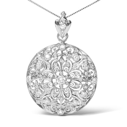18K White Gold 1 5/6 Cttw Diamond Cluster Floral Filigree Brooch Pin and 18" Pendant Necklace (G-H Color, I1-I2 Clarity)  DestGlow