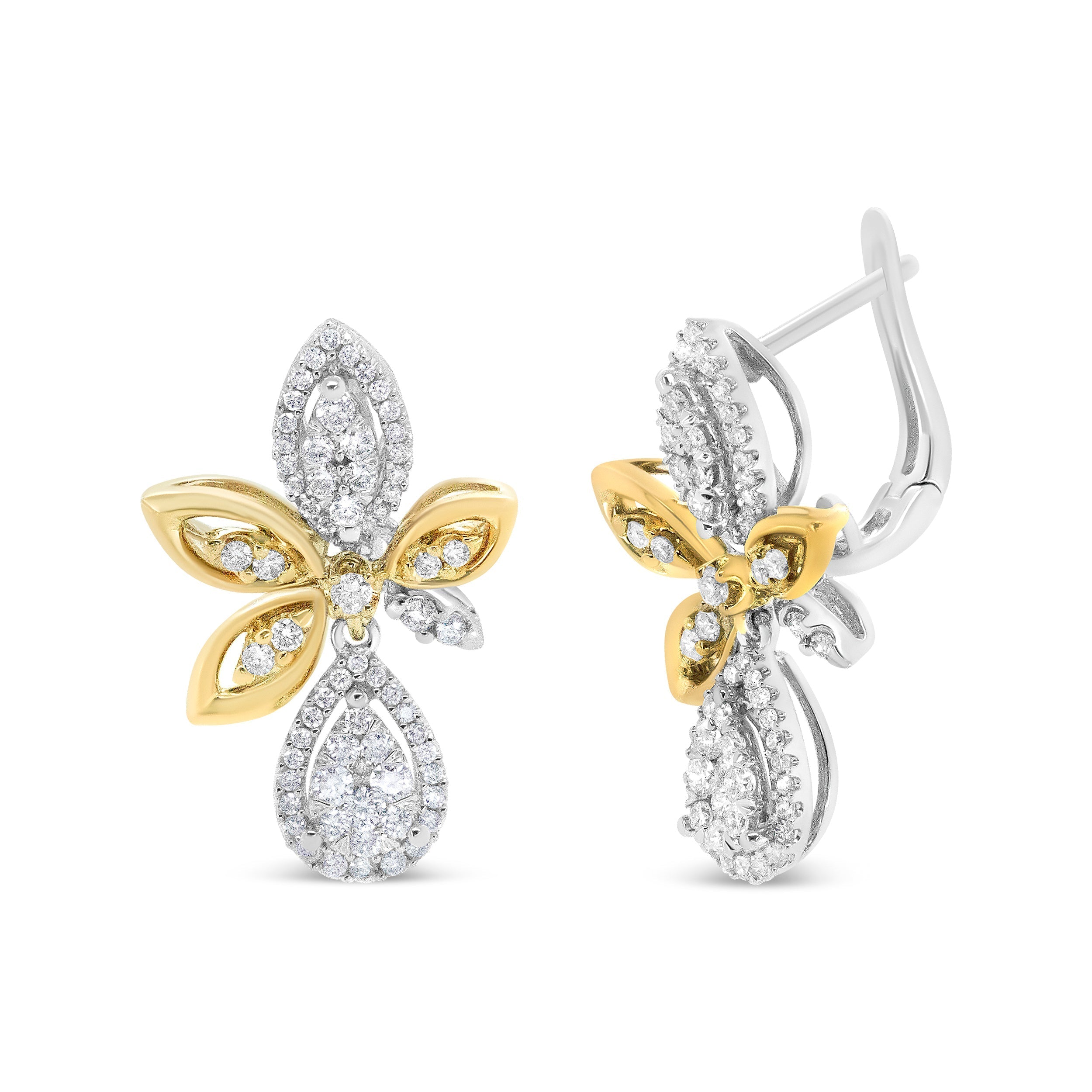 14K White and Yellow Gold 1.00 Cttw Round Pave-Set Diamond Teardrop and Marquise Shape Drop Dangle Earrings (H-I Color, SI1-SI2 Clarity)  DestGlow