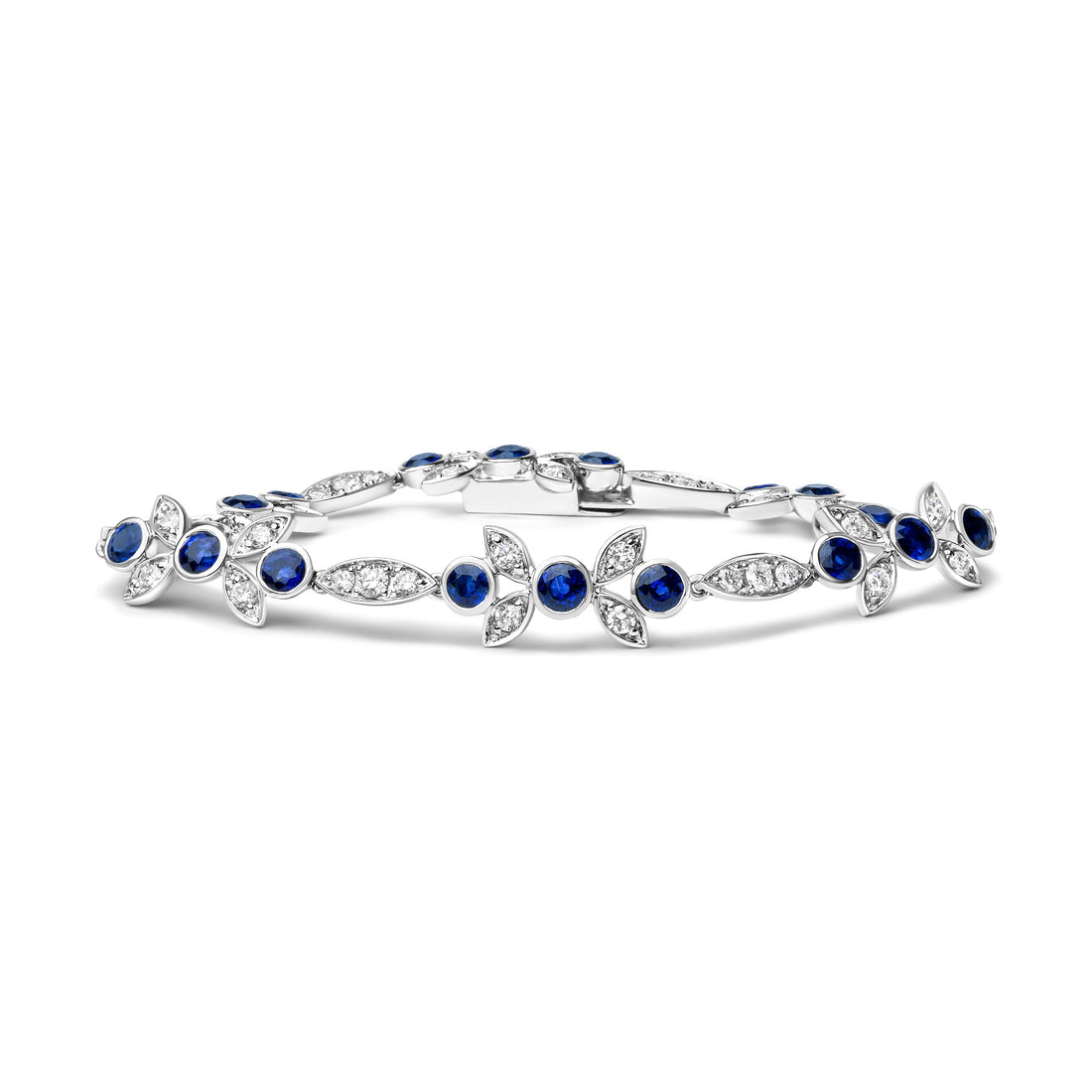 18K White Gold 1 3/4 Cttw Diamond and 3x3mm Round Blue Sapphire Gemstone Floral Link Bracelet (G-H Color, SI1-SI2 Clarity) - Size 7" by Bids.com