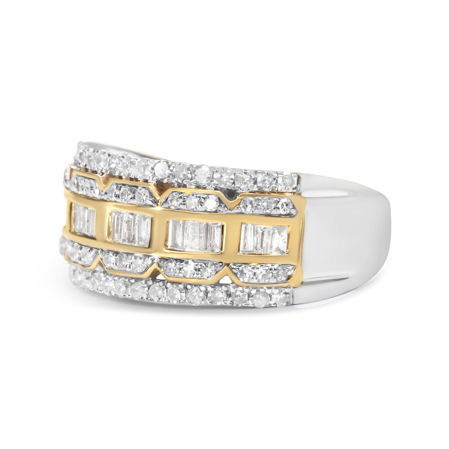 10K White and Yellow Gold 1.00 Cttw Baguette and Round cut Diamond Art Deco Multi-Row Ring Band (I-J Color, I1-I2 Clarity) - Ring Size 7 by Bids.com