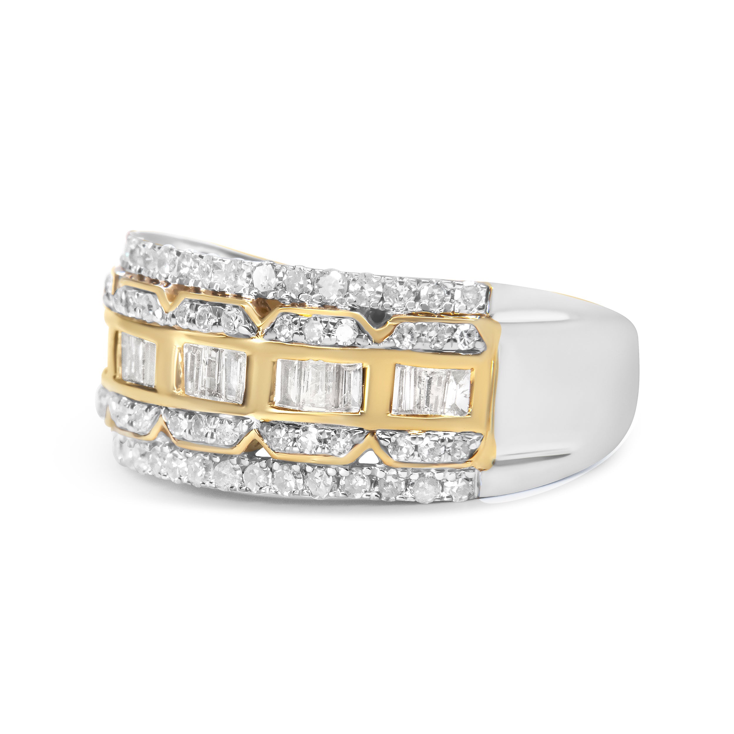 10K White and Yellow Gold 1.00 Cttw Baguette and Round cut Diamond Art Deco Multi-Row Ring Band (I-J Color, I1-I2 Clarity) - Ring Size 7 by Bids.com