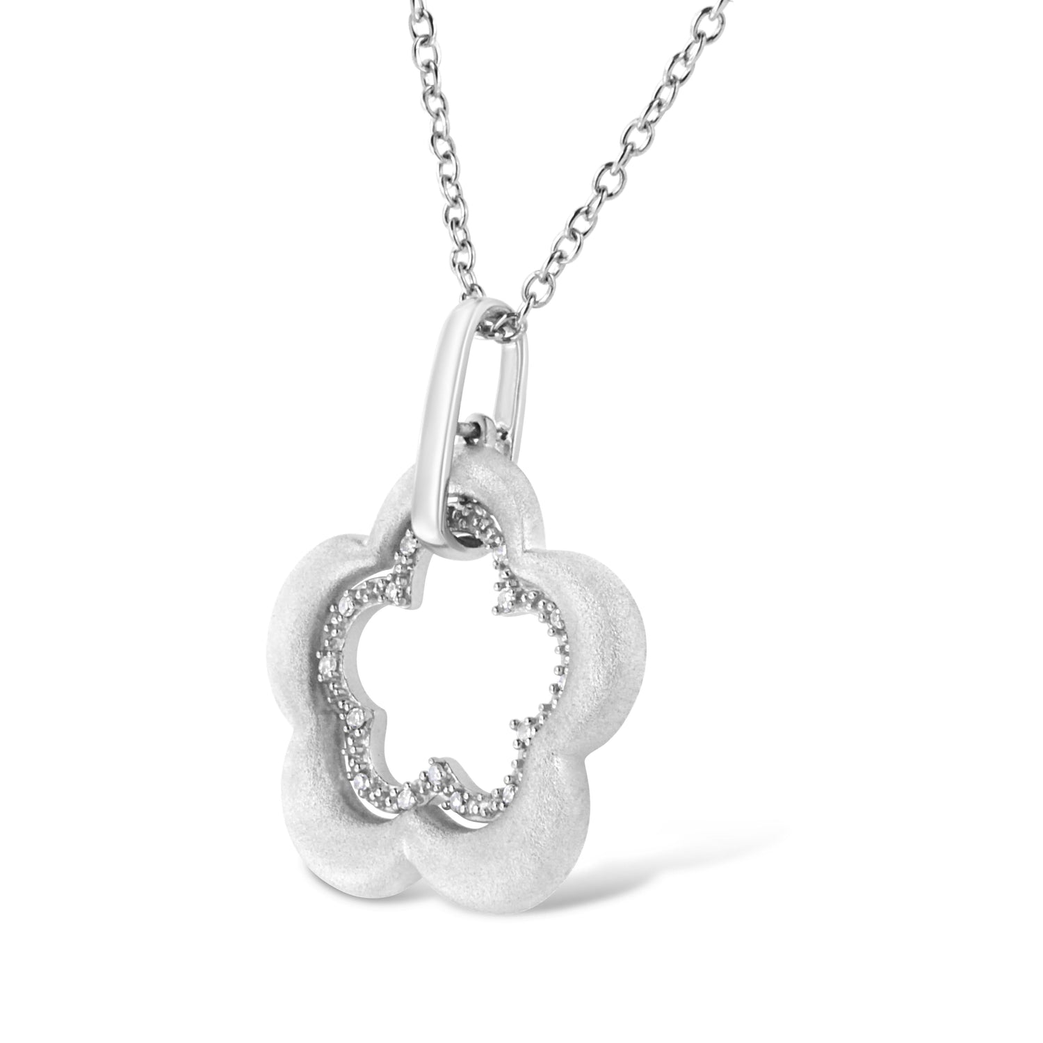 Matte Finished .925 Sterling Silver Diamond Accent Double Flower Shape 18" Satin Finished Pendant Necklace (I-J Color, I1-I2 Clarity)  DestGlow
