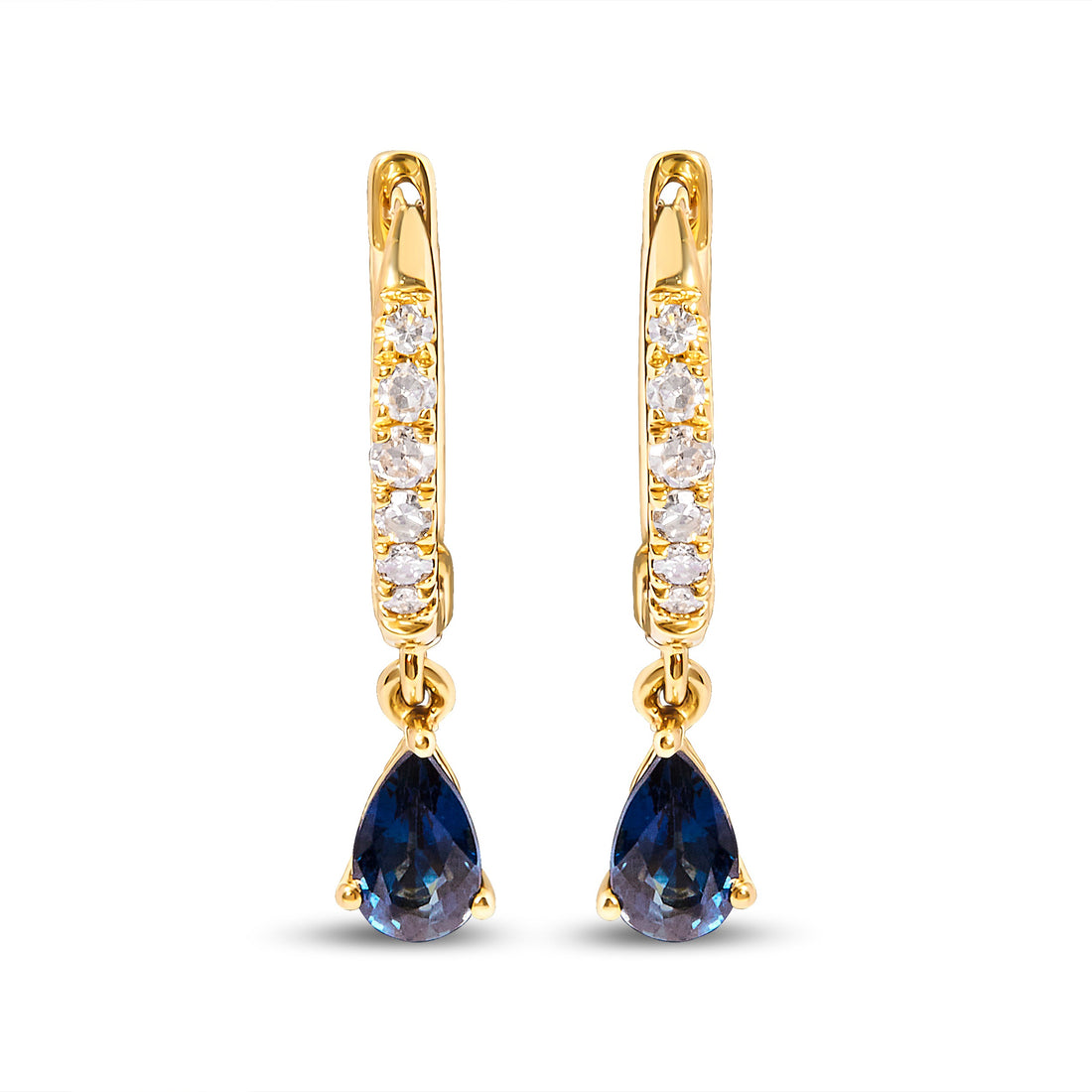 10K Yellow Gold Pear Blue Sapphire and 1/10 Cttw Diamond Drop and Dangle Huggy Hoop Earrings (H-I Color, I1-I2 Clarity) by Bids.com