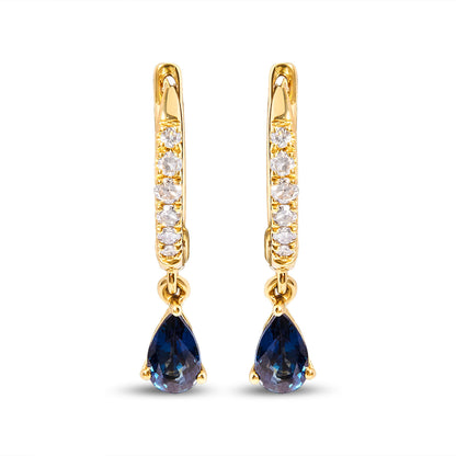 10K Yellow Gold Pear Blue Sapphire and 1/10 Cttw Diamond Drop and Dangle Huggy Hoop Earrings (H-I Color, I1-I2 Clarity) by Bids.com