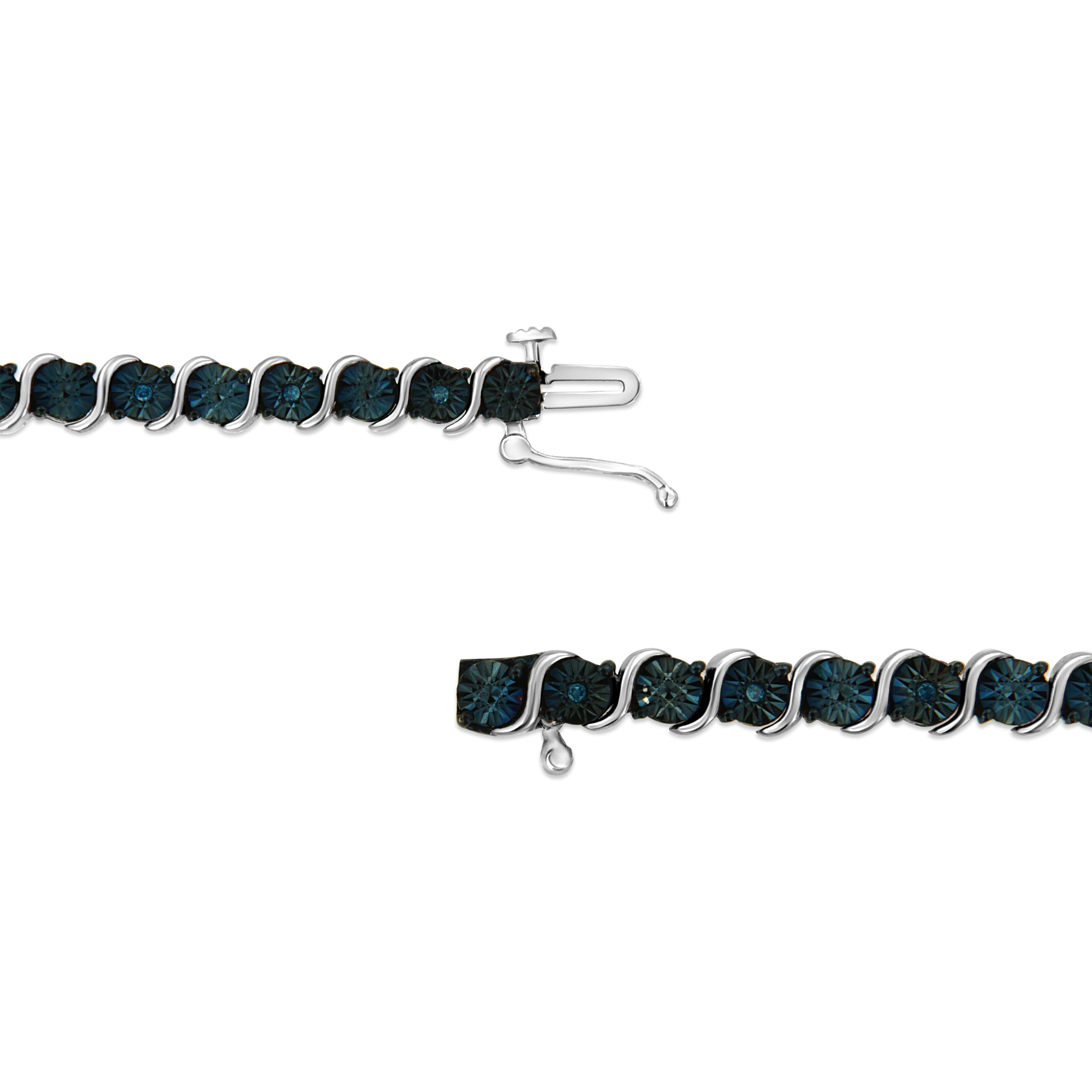 .925 Sterling Silver 1/10 Cttw Miracle-Set Treated Blue Color Diamond Miracle Plate "S" Link Tennis Bracelet (Blue Color, I2- I3 Clarity) - 7.25" by Bids.com