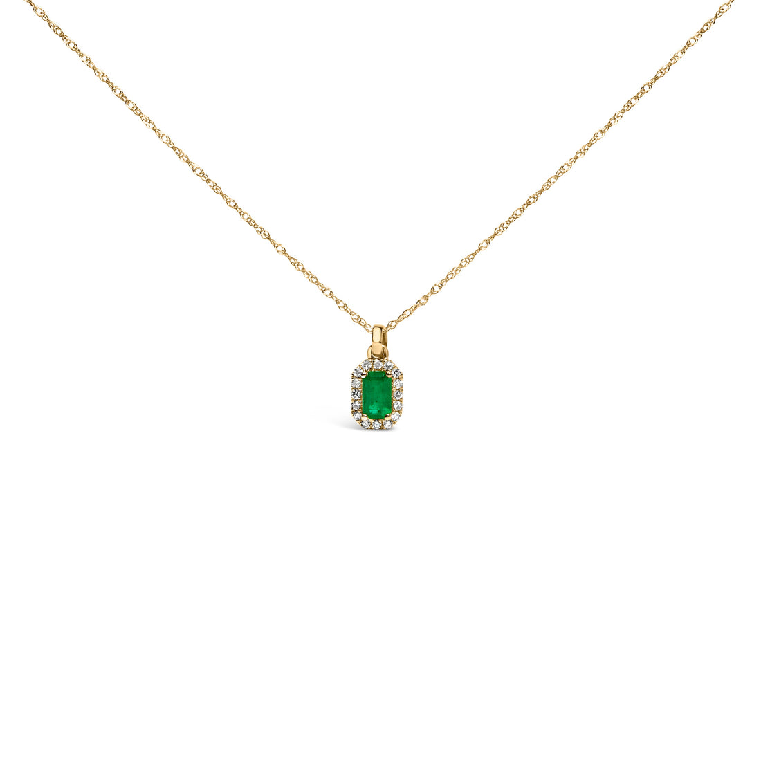 10K Yellow Gold 5x3mm Green Emerald and Diamond Accent Halo Octagonal Shape 18" Pendant Necklace (I-J Color, I1-I2 Clarity) by Bids.com