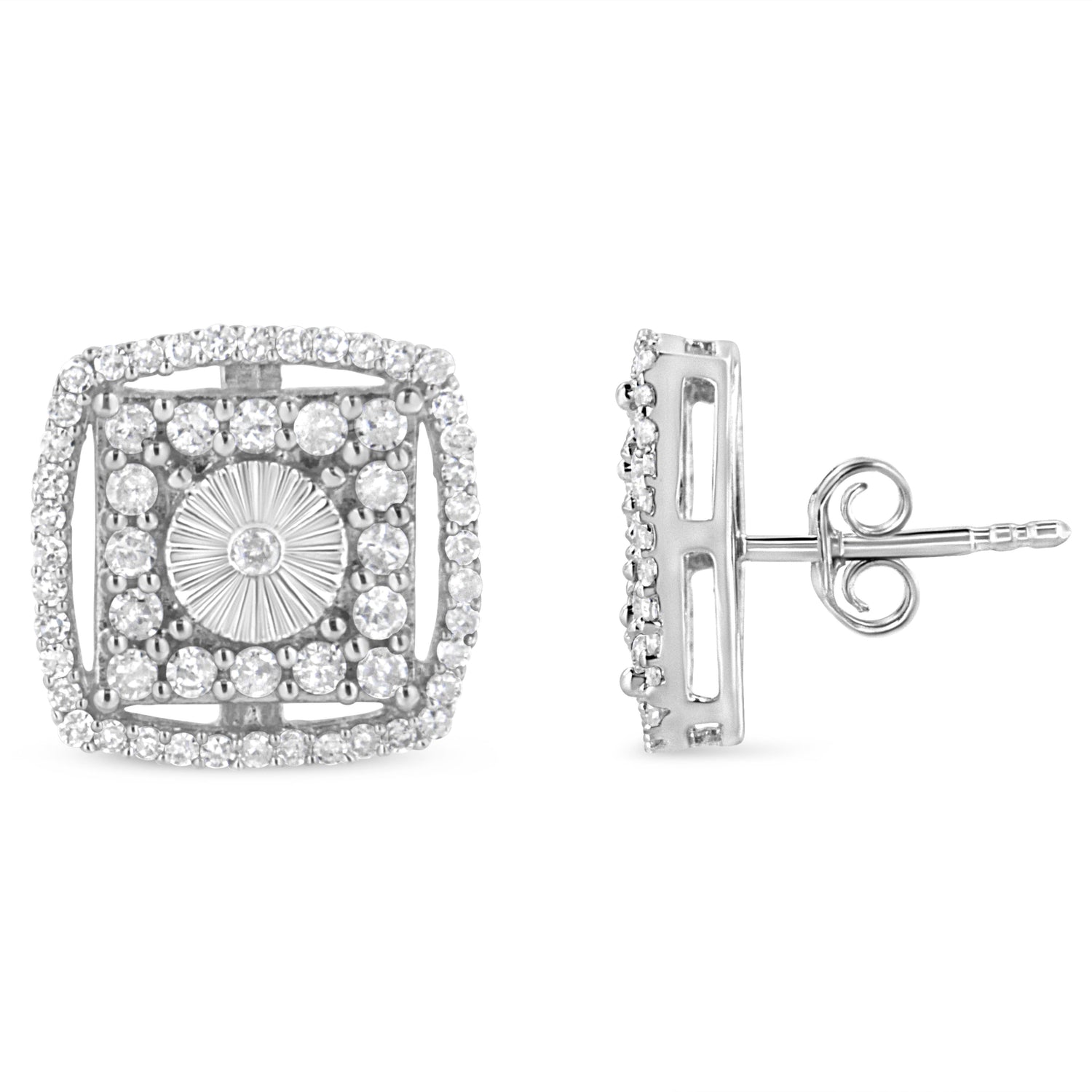 .925 Sterling Silver 1.0 Cttw Round Diamond Double Halo and Disc Stud Earring (I-J Color, I2-I3 Clarity) by Bids.com