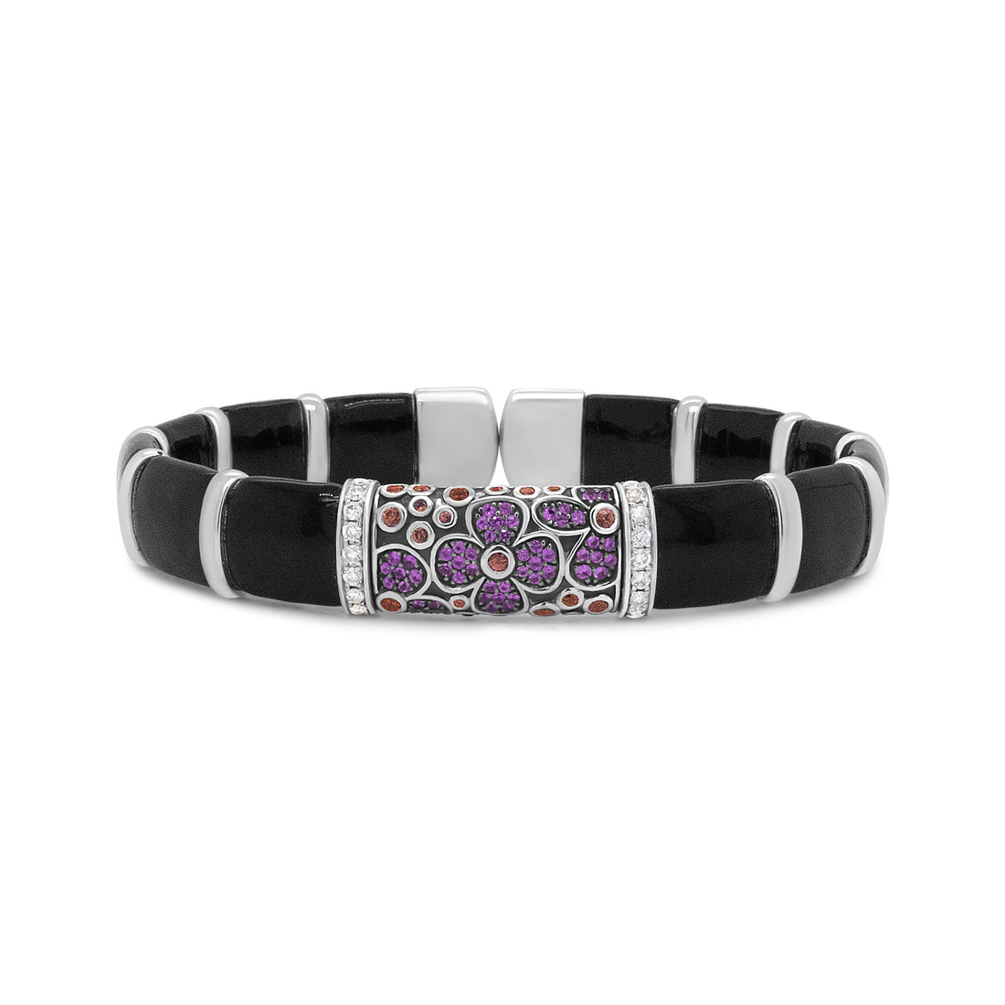 .925 Sterling Silver Black and Brown Enamel 1/3 Cttw Round Diamonds and Pink and Orange Sapphire Gemstones Floral Statement Bangle Bracelet (F-G Color, VS1-VS2 Clarity) - Size 7.75" by Bids.com