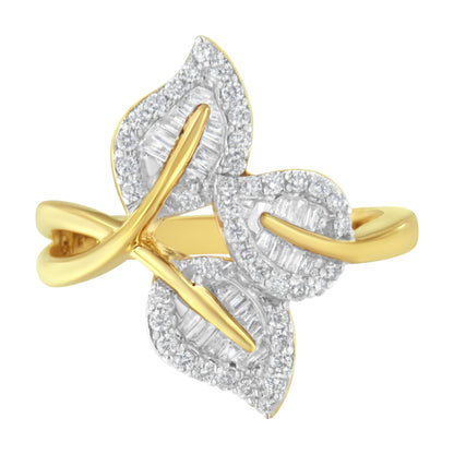 10k Yellow and White Gold 1/2 Cttw Baguette and Round Diamond Bypass Triple Leaf Ring (I-J Color, I1-I2 Clarity) - Size 7 by Bids.com