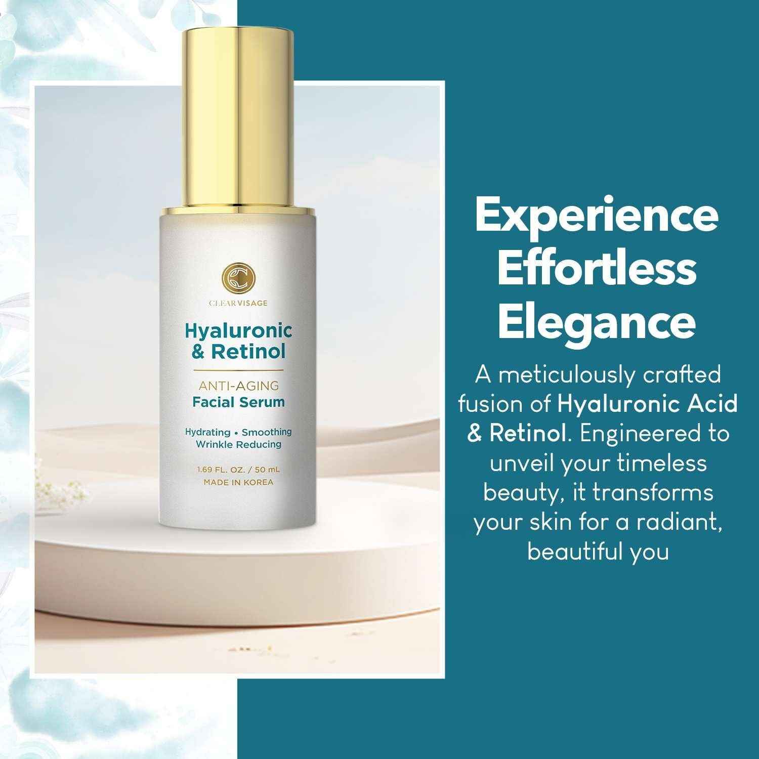 Hyaluronic Acid &amp; Retinol Serum - Revitalizing Anti-Aging, Radiant Glowing Complexion, Wrinkle Reduction - Dermatologist Tested, Korean Skin Care, Clean Beauty - 1.69 Fl. Oz