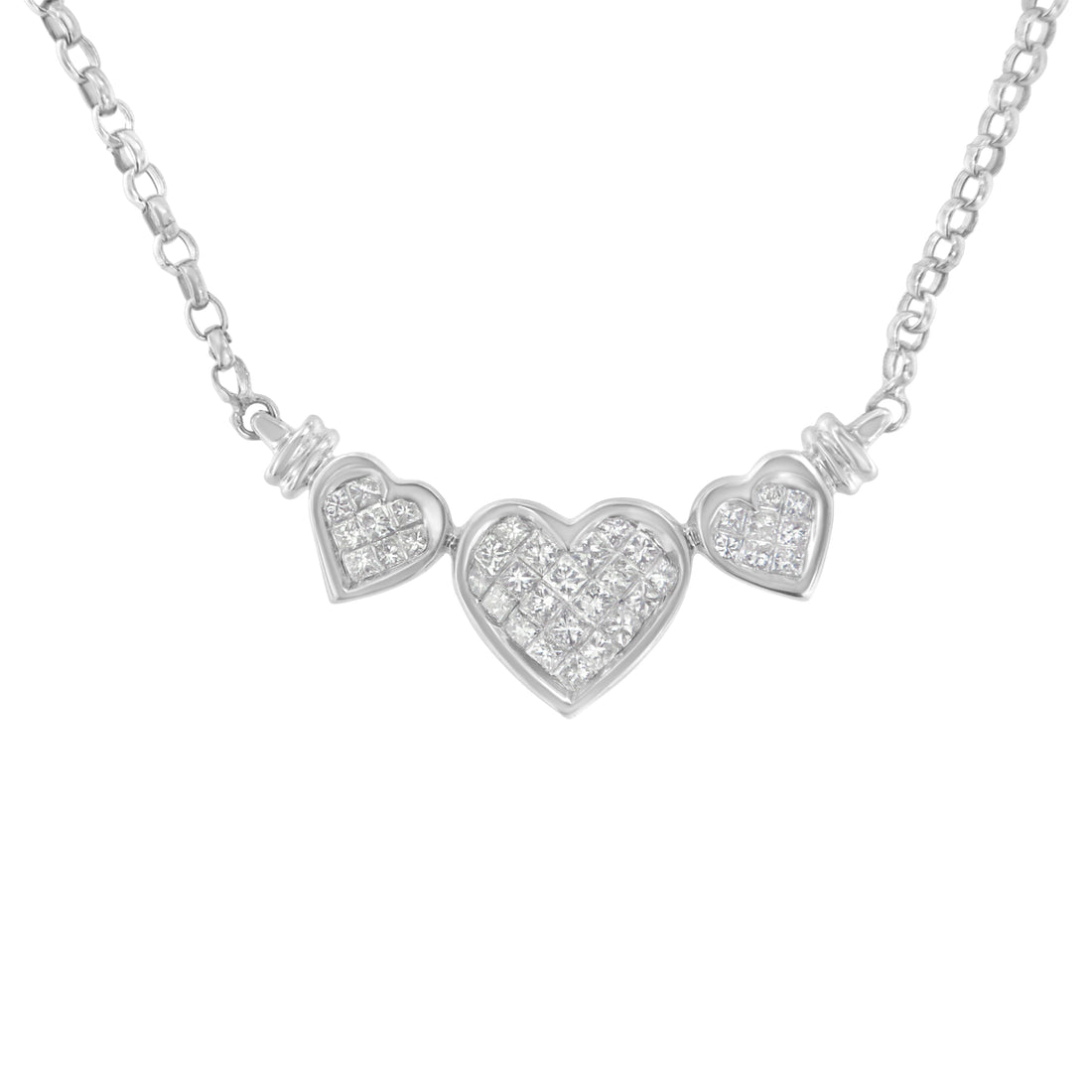 14K White Gold 1.0 Cttw Princess Cut Diamond Three Heart 18" Statement Pendant Necklace (H-I Color, SI2-I1 Clarity) by Bids.com