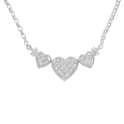14K White Gold 1.0 Cttw Princess Cut Diamond Three Heart 18" Statement Pendant Necklace (H-I Color, SI2-I1 Clarity) by Bids.com
