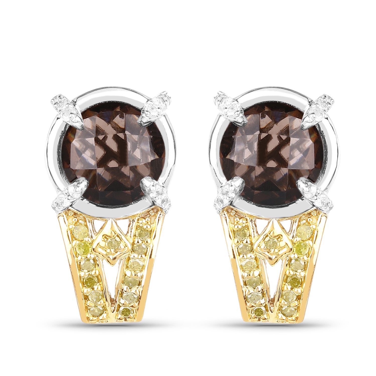 3.75 Carat Genuine Smoky Quartz, Yellow Diamond and White Diamond .925 Sterling Silver Earrings by Bids.com