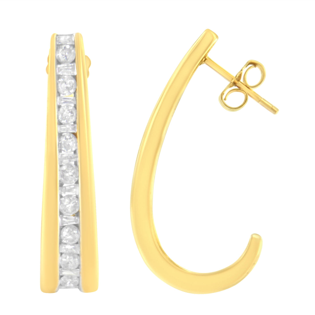 10K Yellow Gold 1 cttw Channel Set Diamond J-Hoop Earrings (H-I Clarity, I1-I2 Color) by Bids.com