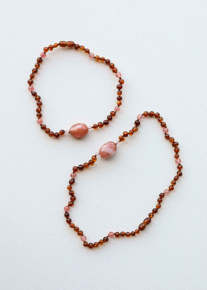 Cognac Baltic Sea Amber || Cherry + Rose Quartz || Necklace