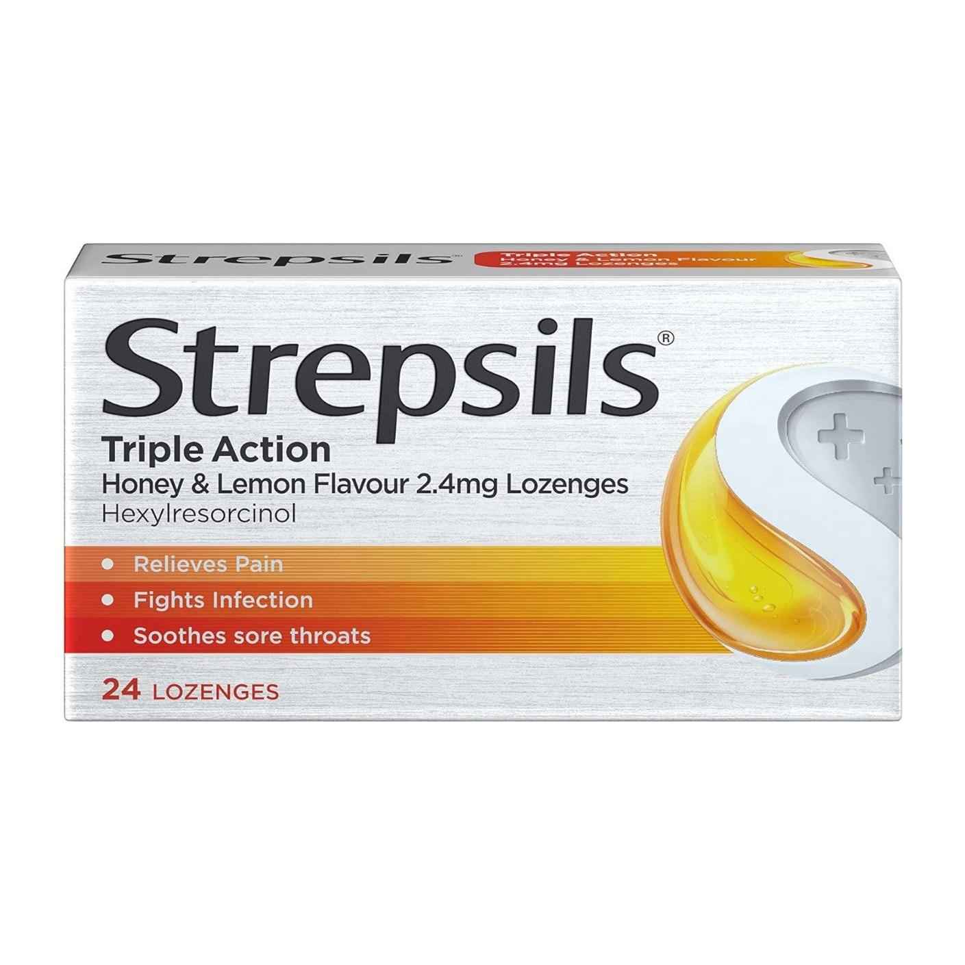 Strepsils Triple Action Sore Throat Pain Relief Honey &amp; Lemon Flavour 2.4mg Lozenges 24