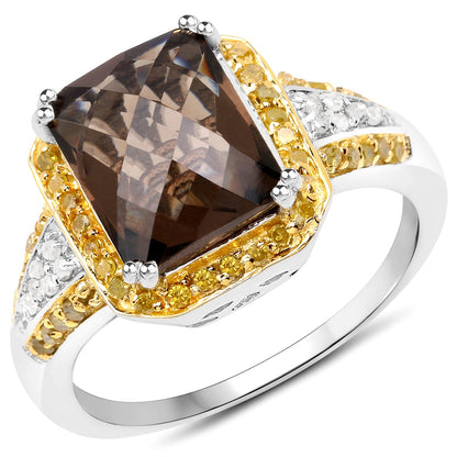 3.48 Carat Genuine Smoky Quartz, Yellow Diamond and White Diamond .925 Sterling Silver Ring by Bids.com
