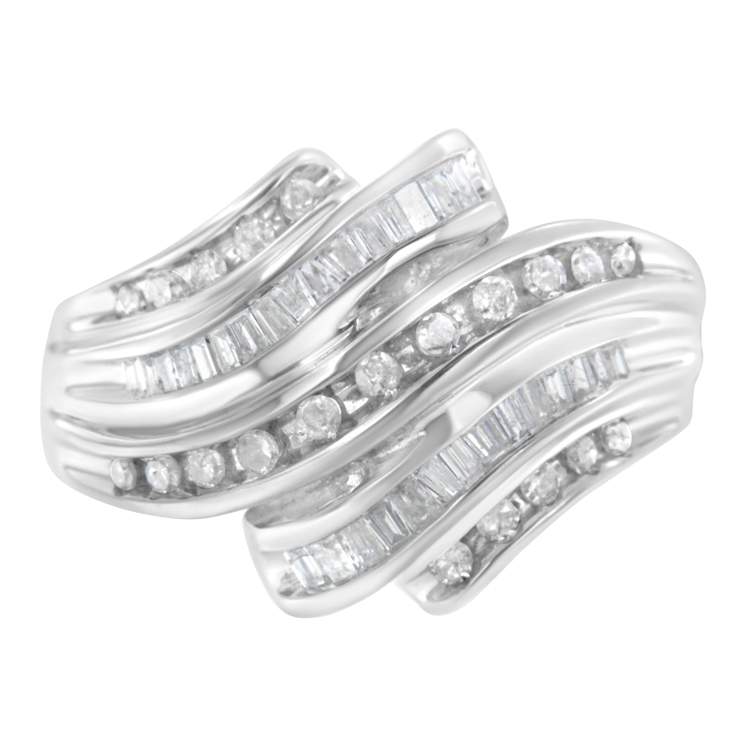 10K White Gold Round and Baguette Cut Diamond Channel Ring (3/4 Cttw, H-I Color, SI2-I1 Clarity) - Size 7 by Bids.com