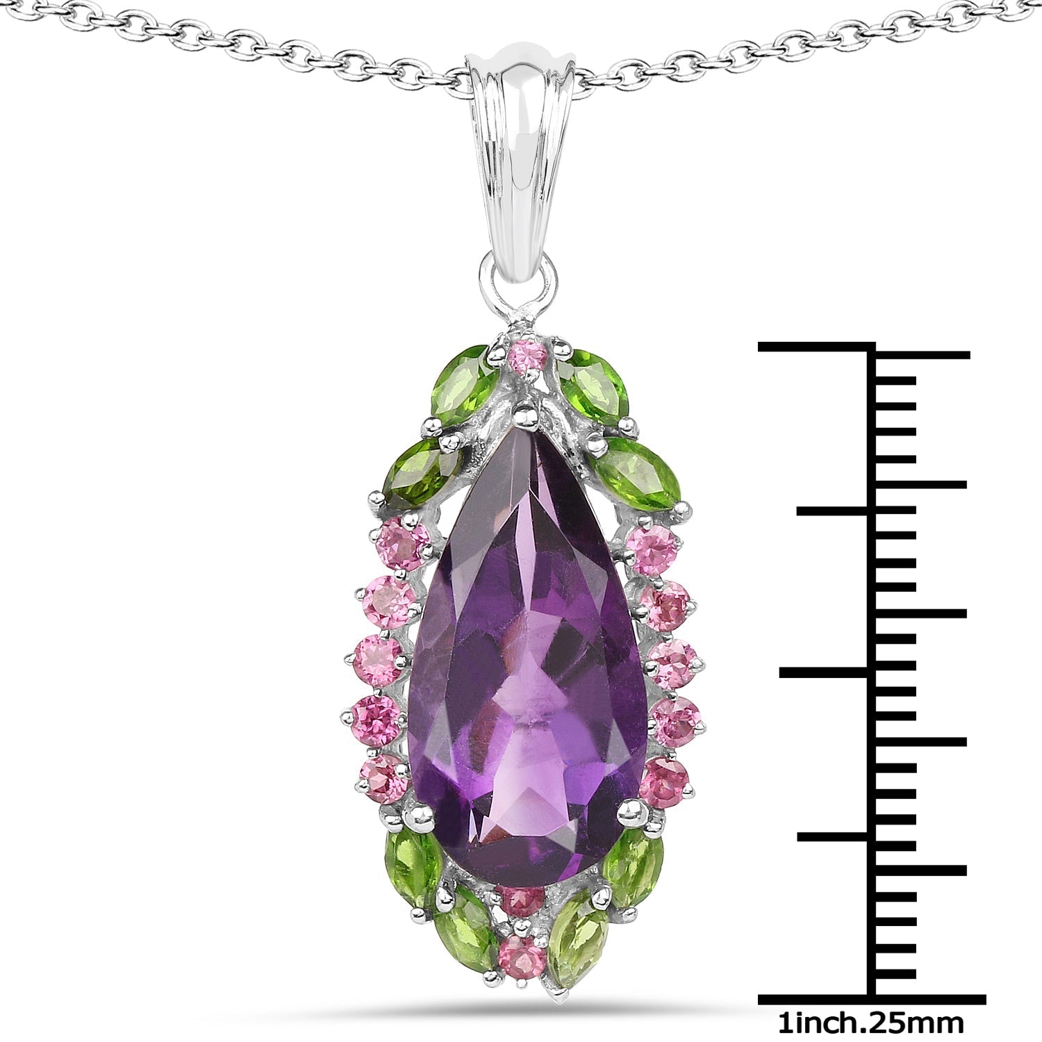6.22 Carat Genuine Amethyst, Chrome Diopside and Rhodolite .925 Sterling Silver Pendant  DestGlow
