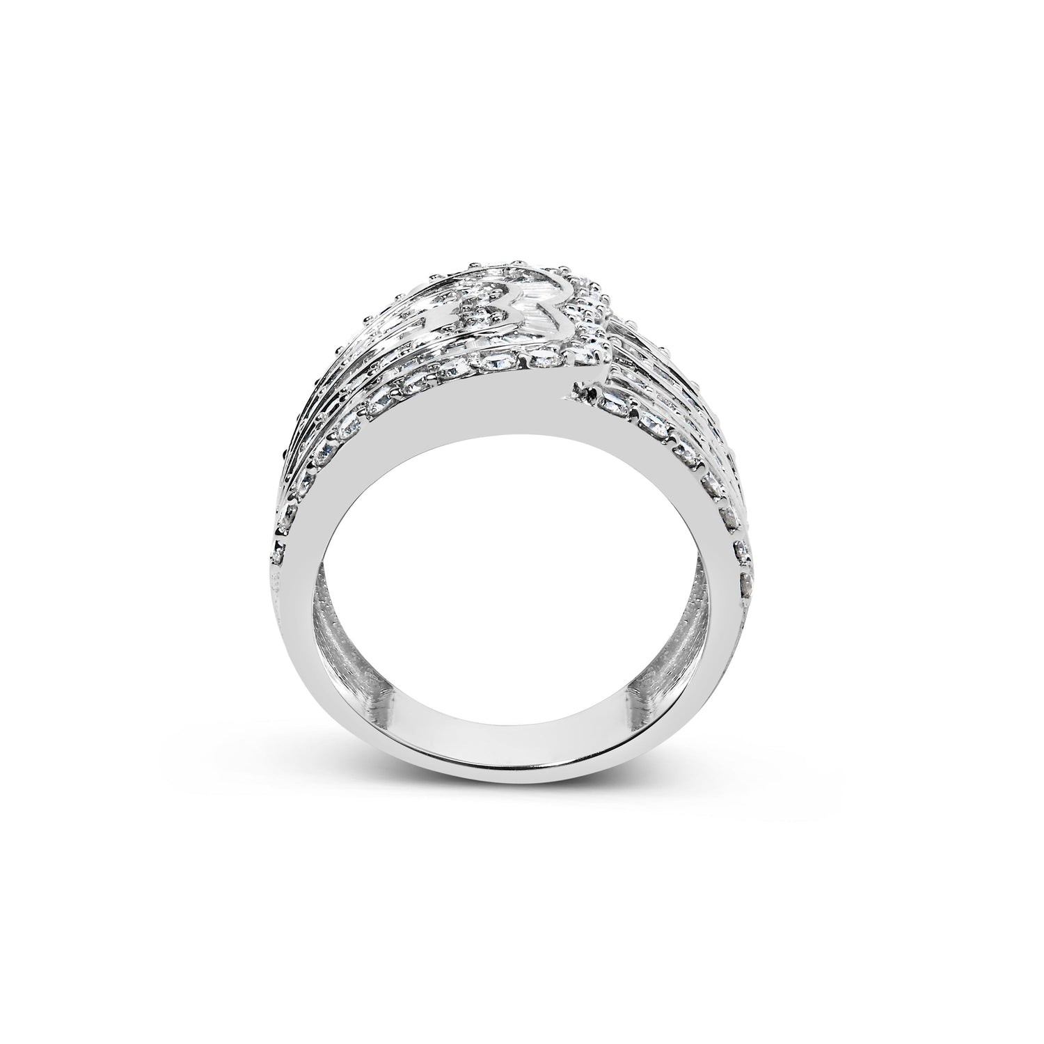 10K White Gold 2 1/2 Cttw Round and Baguette-Cut Diamond Multi-Row Bypass Ring (J-K Color, I2-I3 Clarity) - Ring Size 7 by Bids.com