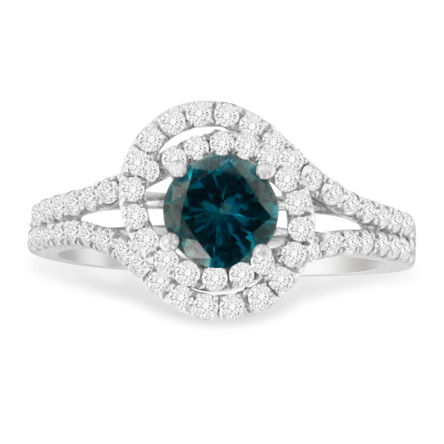 14K White Gold 1-1/3 Cttw White &amp; Blue Diamond Interweaving Double Halo Cocktail Statement Ring (G-H and Fancy Blue Color, SI2-I1 Clarity) - Size 6 by Bids.com