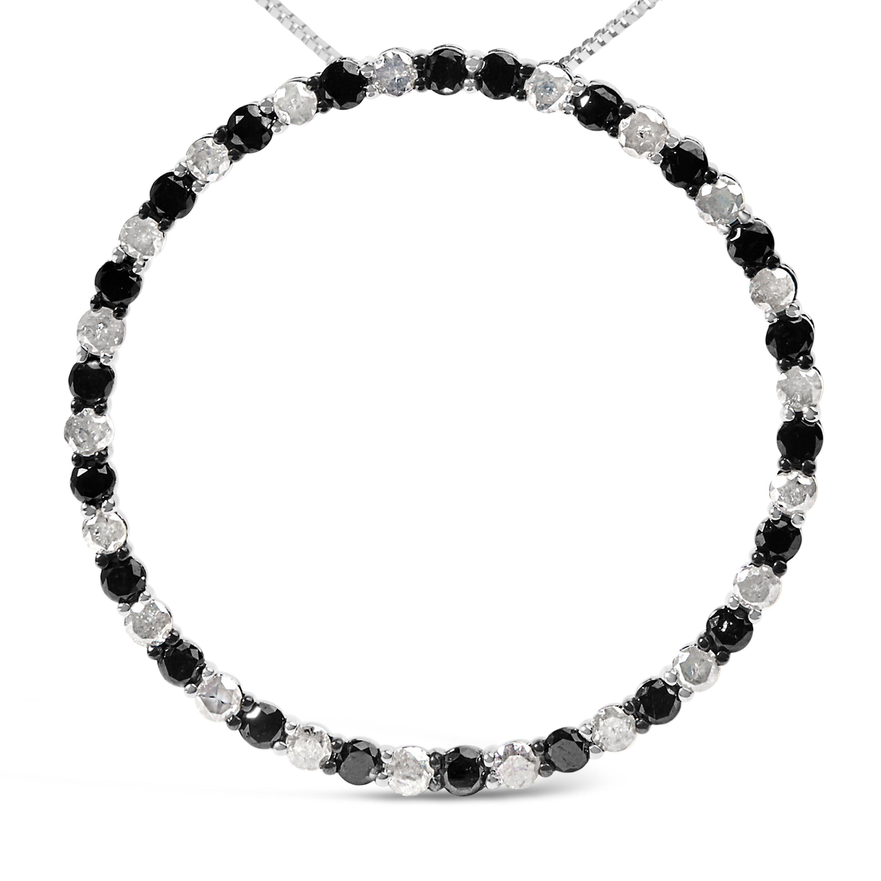 .925 Sterling Silver 3.0 Cttw Alternating Black and White Diamond Open Hoop Circle Pendant Necklace (H-I Color, I3 Clarity) - 18" Inches by Bids.com