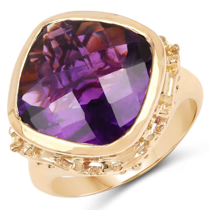14K Yellow Gold Plated 8.40 Carat Genuine Amethyst .925 Sterling Silver Ring  DestGlow