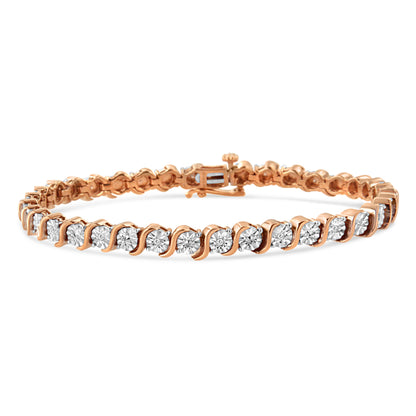 14K Rose Gold Plated .925 Sterling Silver 1/10 Cttw Diamond Round Miracle Plate and "S" Link Tennis Bracelet (I-J Color, I2- I3 Clarity) - 7" by Bids.com