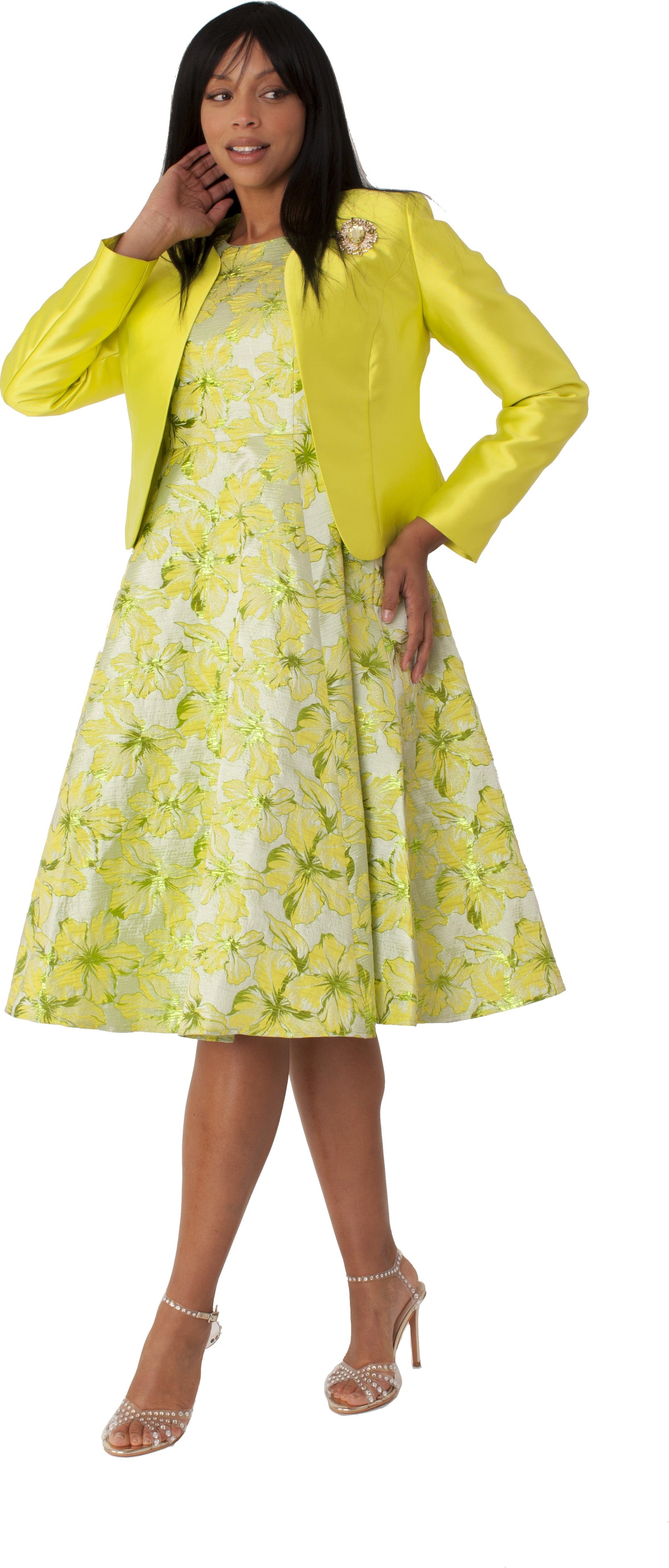 Floral Brocade Church Dress with Jacket- 4819 - DestGlow