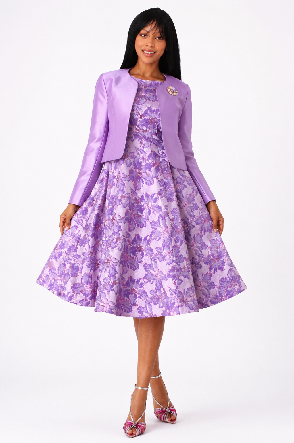 Floral Brocade Church Dress with Jacket- 4819 - DestGlow