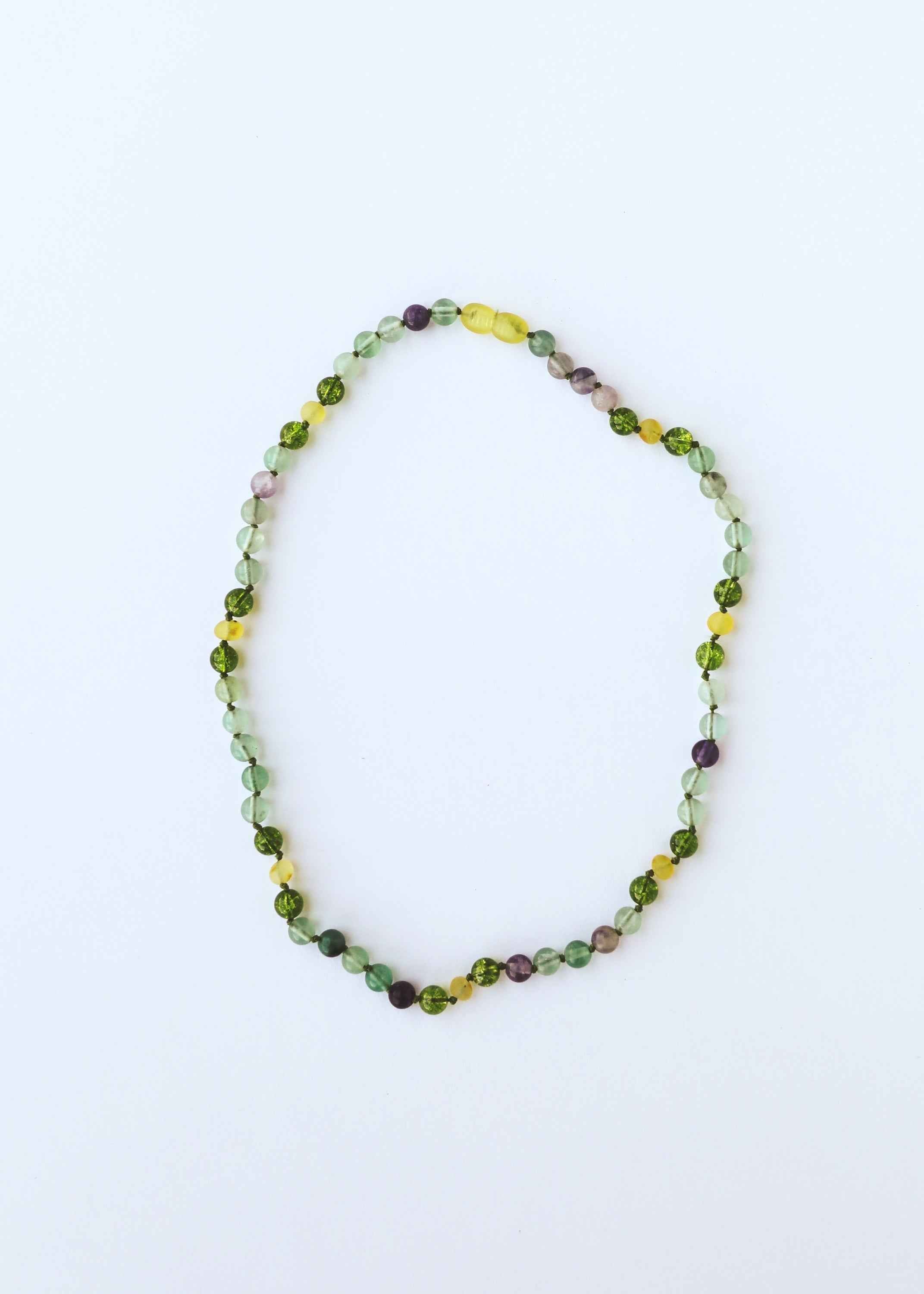 Raw Baltic Sea Amber + Fluorite + Peridot || Gemstone Necklace